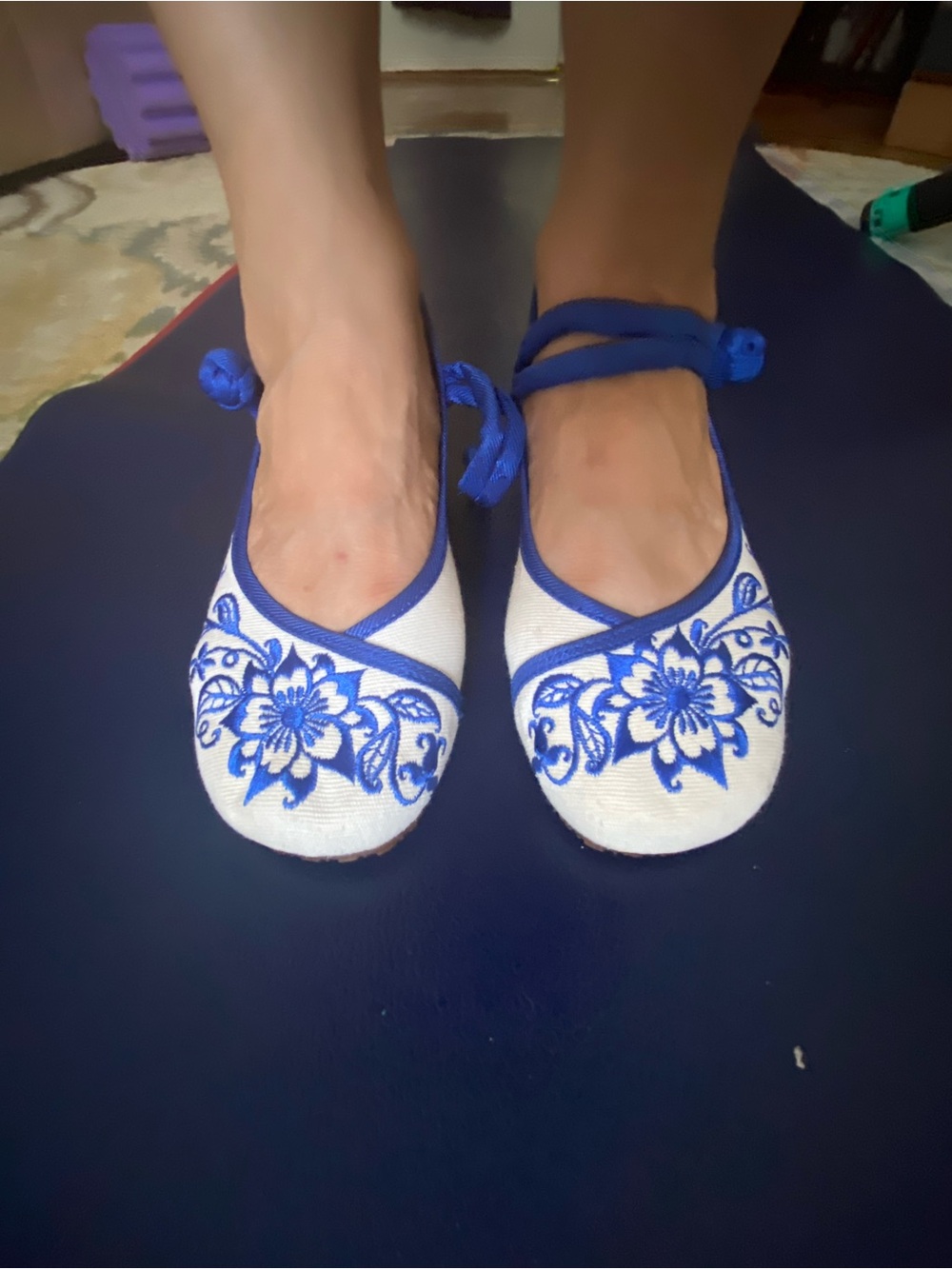 Handmade Embroidered Blue and White Ankle-Tie Women's Flats